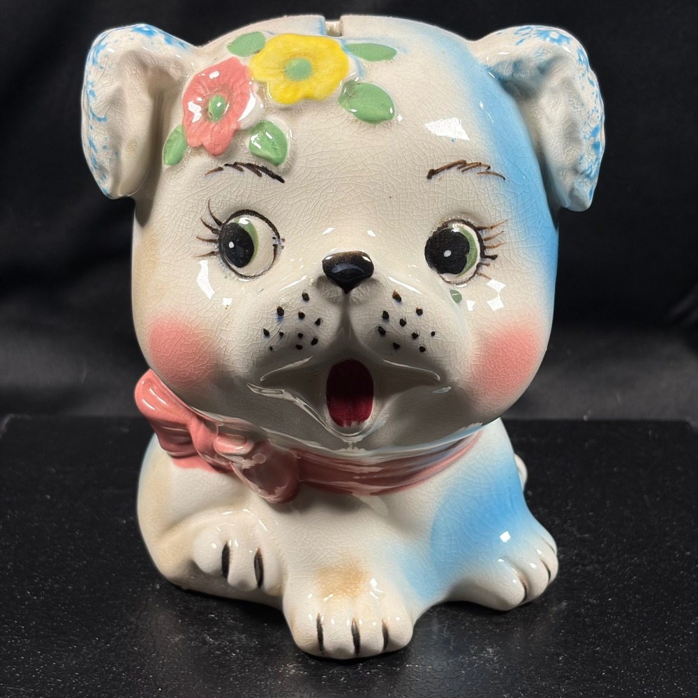 Vintage Ceramic Puppy Dog Piggy Bank Hand Painted Floral Mid Century Figurine